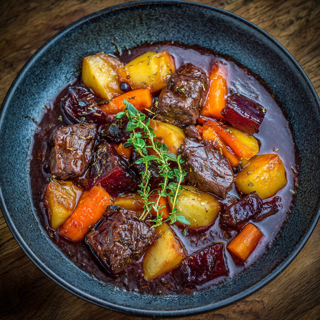 Braised scottish wild venison with root vegetables & juniper