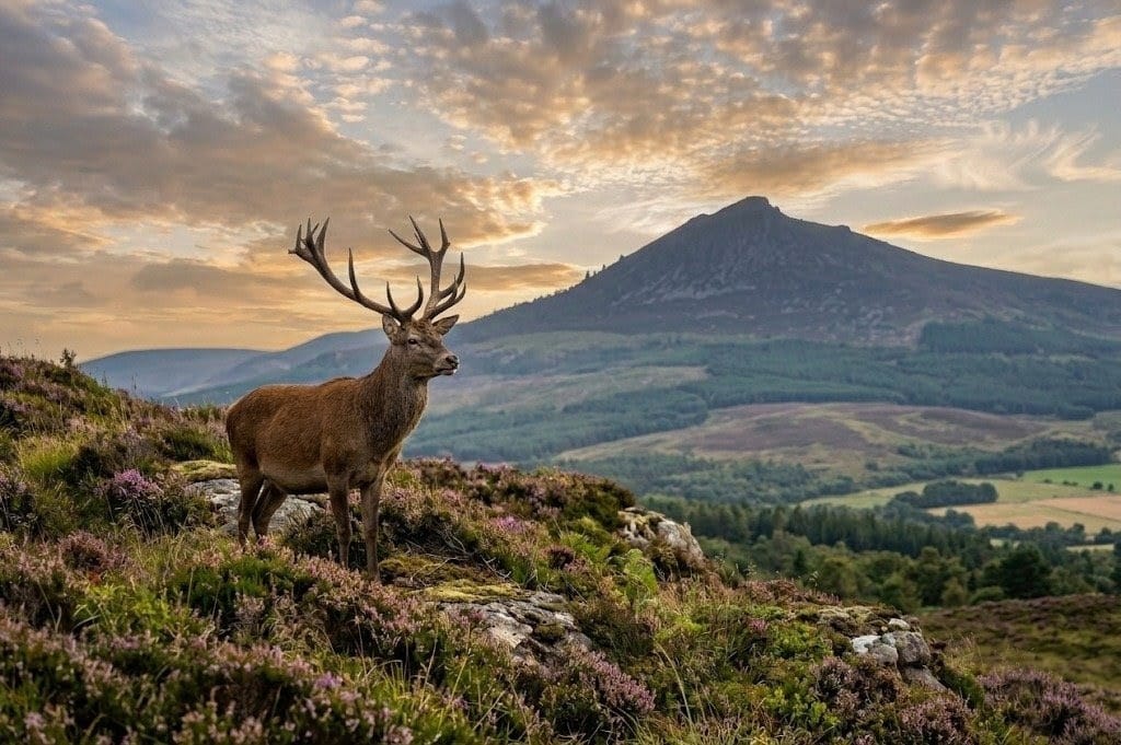 Red deer with bennachie in backgroud