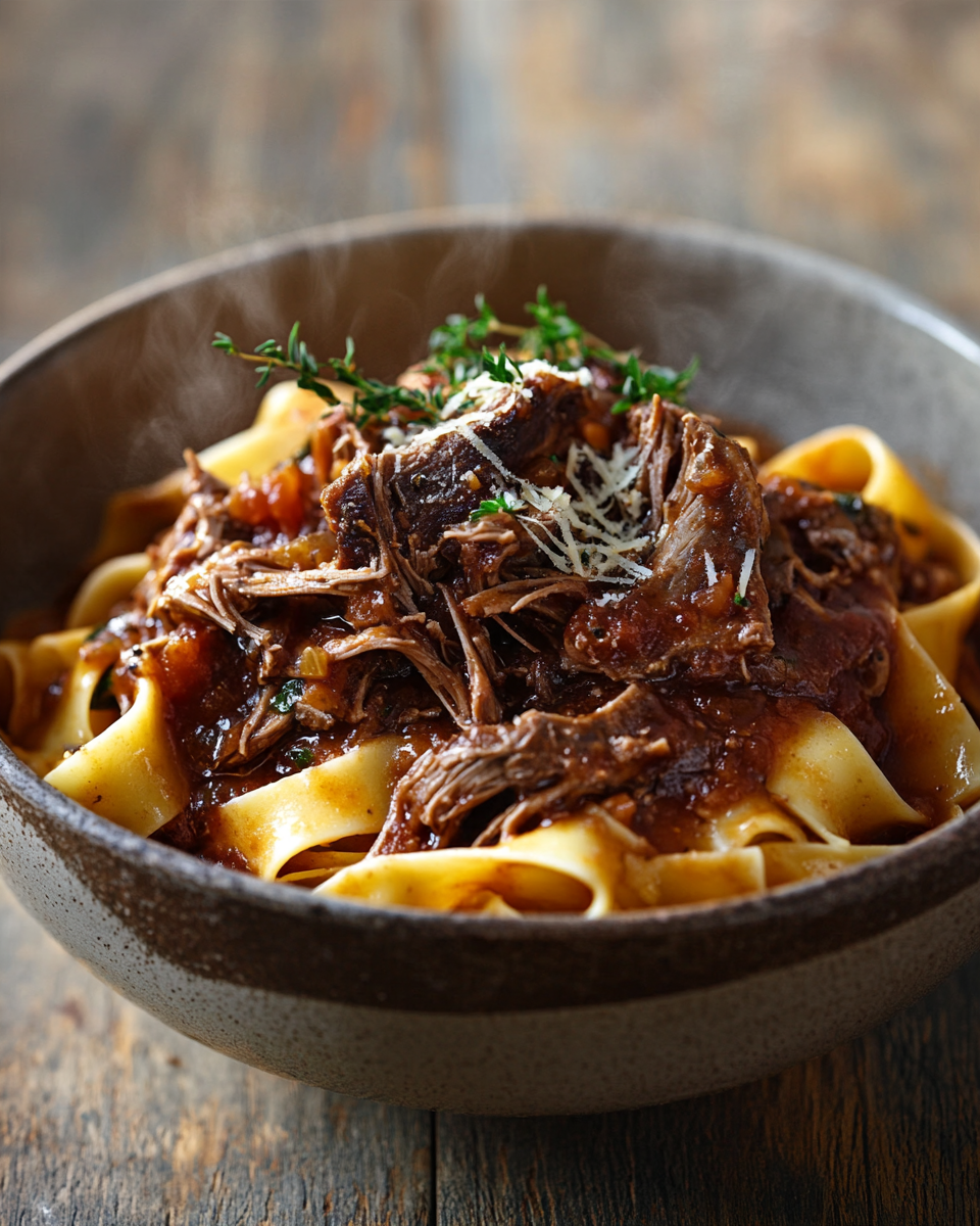 Scottish wild venison ragu, pieces of slow braised meat on a bed of pasta